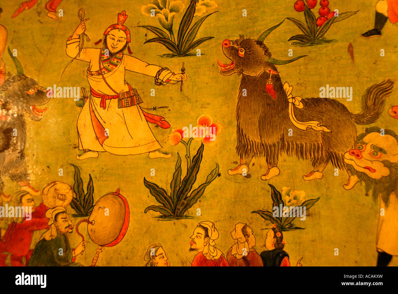Tibetischen Buddhismus naive Wandmalerei Mann mit Yaks Jokhang Lhasa Tibet China Stockfoto