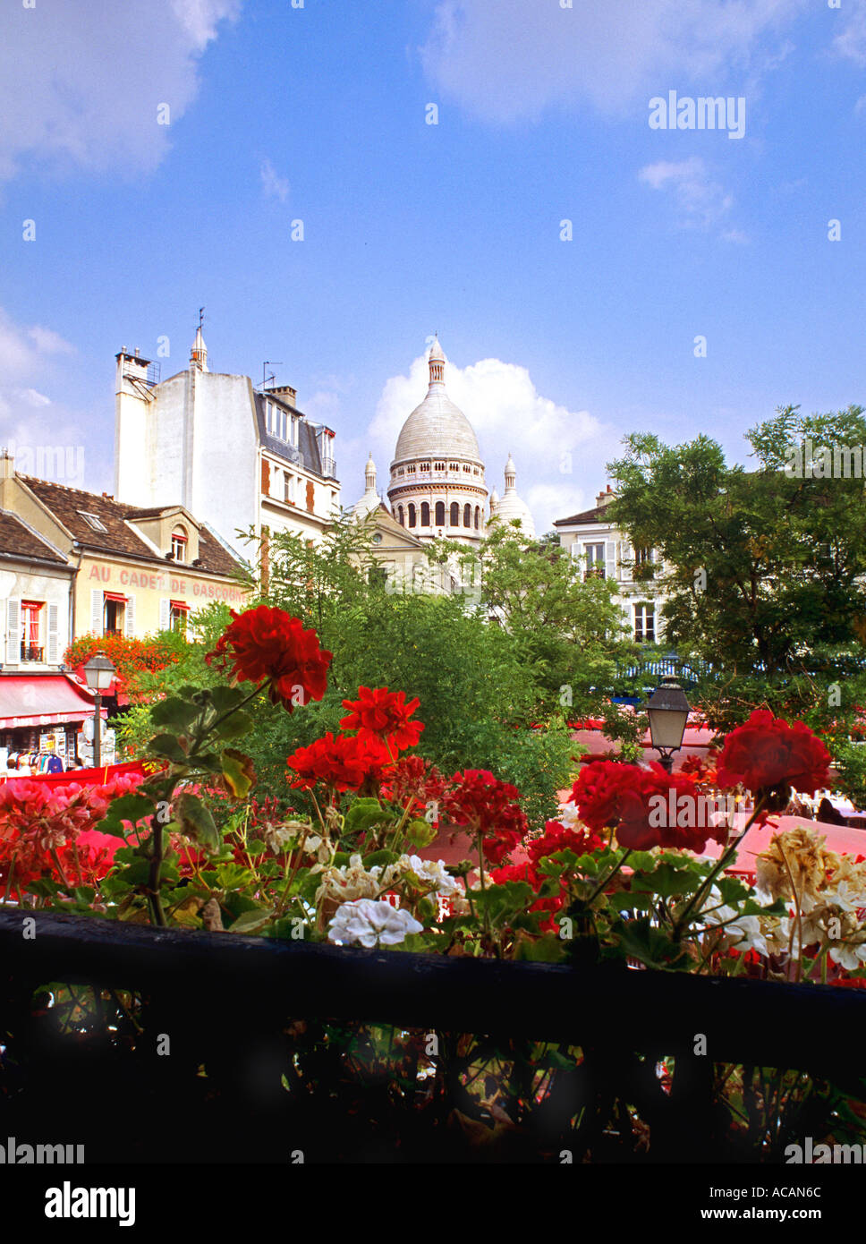 Place du Tertre mit Sacre Coeur im Hintergrund mit dem Frühling Blumen Paris Frankreich Stockfoto