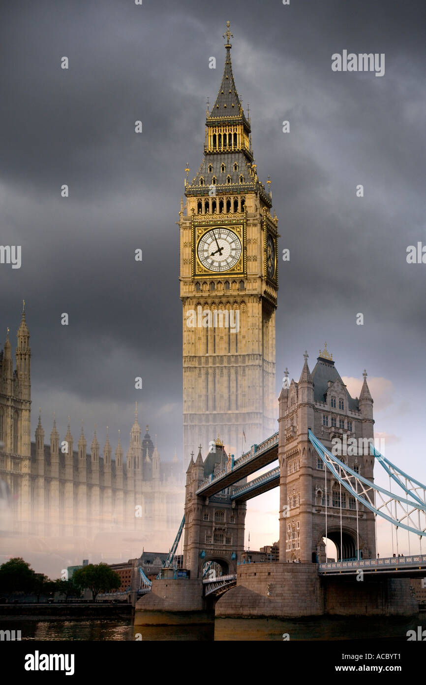 Big Ben, die "Tower Bridge" in einer Collage. "London-Konzept" Kunst von London Stockfoto