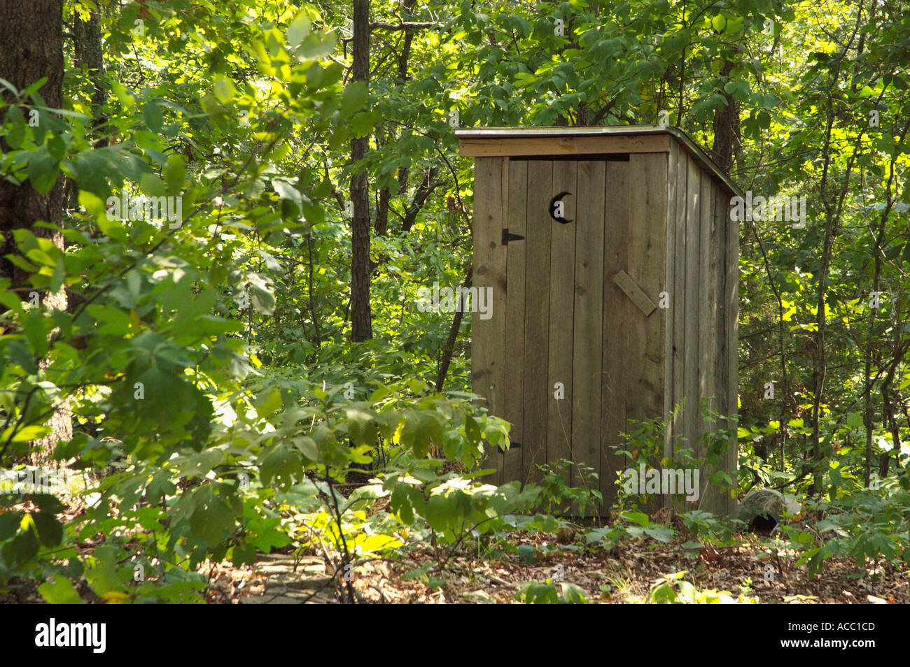 Plumpsklo hinter 130 Jahre alte Blockhaus Eureka Springs, Arkansas USA Stockfoto