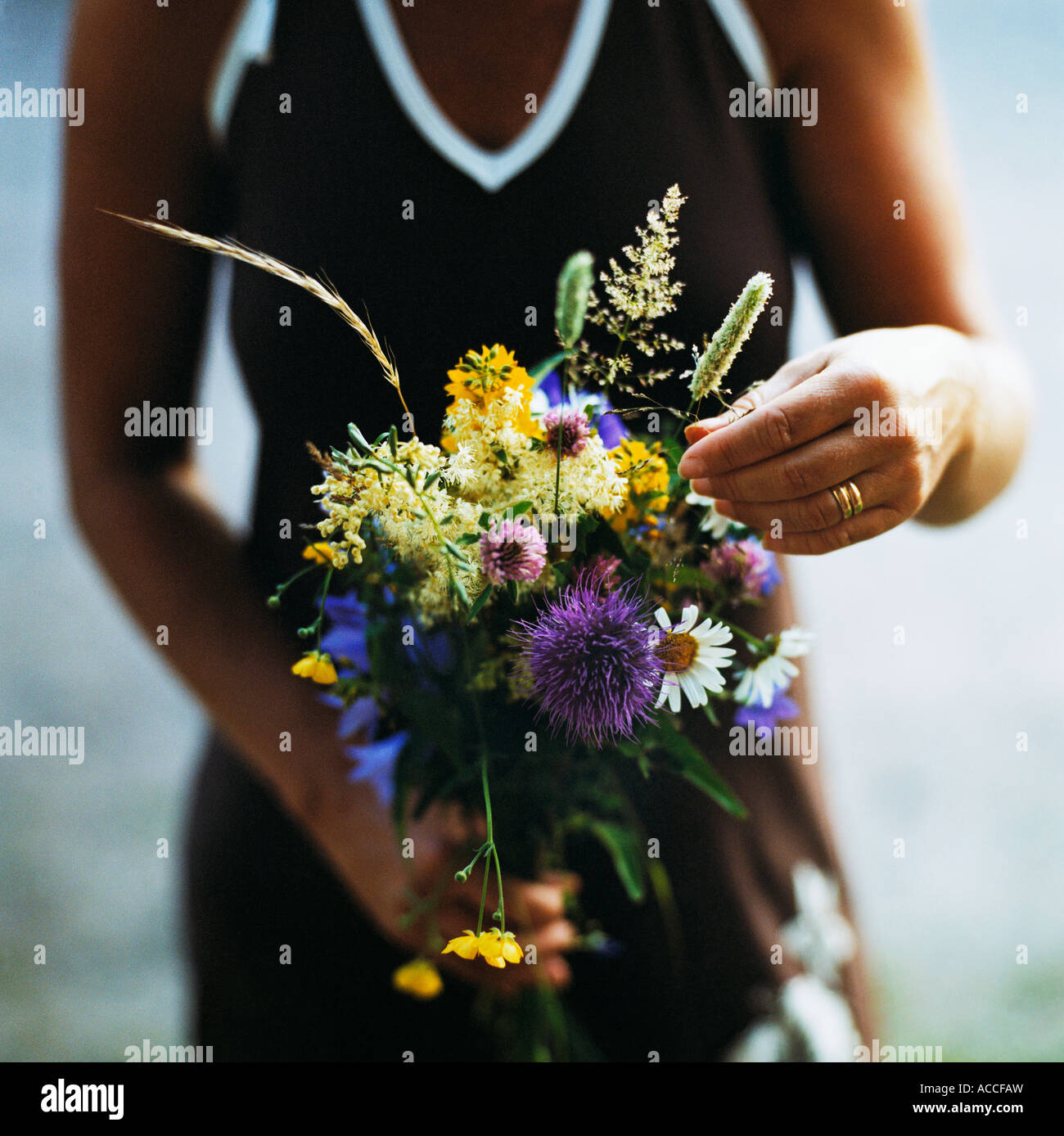 Eine Frau mit Blumen. Stockfoto