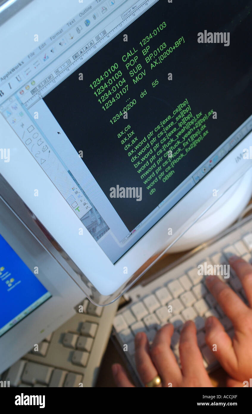 ein Computer-Virus-Code und einem Computer-Bildschirm Stockfoto