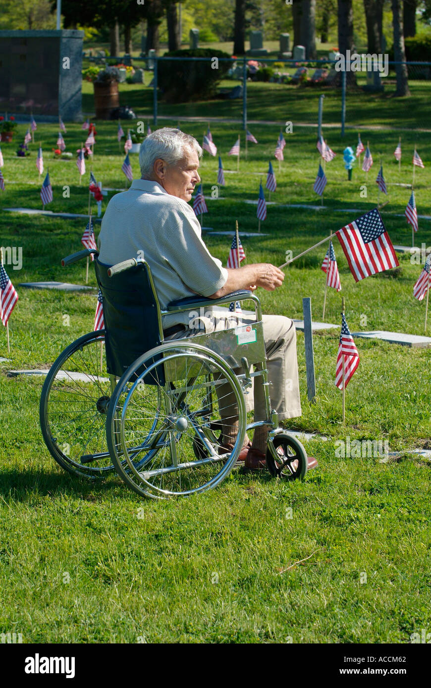 Behinderte Senioren männlich sitzt im Rollstuhl mit Fahne in der Hand am Memorial Day am Friedhof Stockfoto
