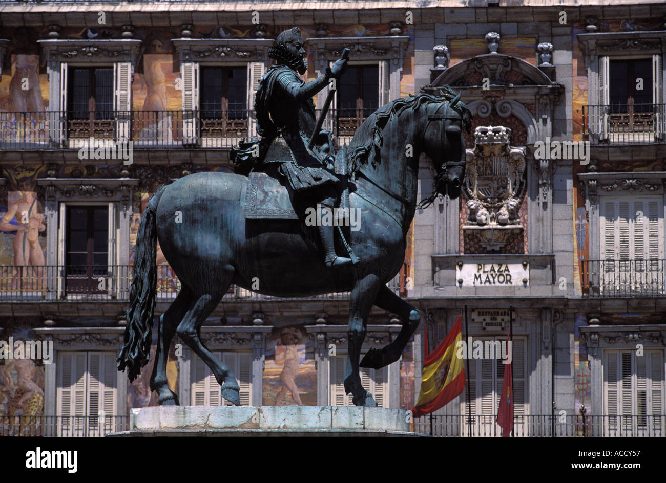 Madrid-Plaza Mayor Reiterstandbild von Philipp III Stockfoto