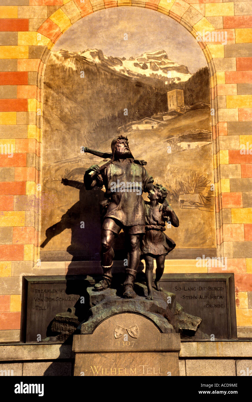 Schweiz Altdorf Wilhelm sagen Statue und Sohn Schweiz Schweizer Geschichte Stadt Altstadt Stockfoto