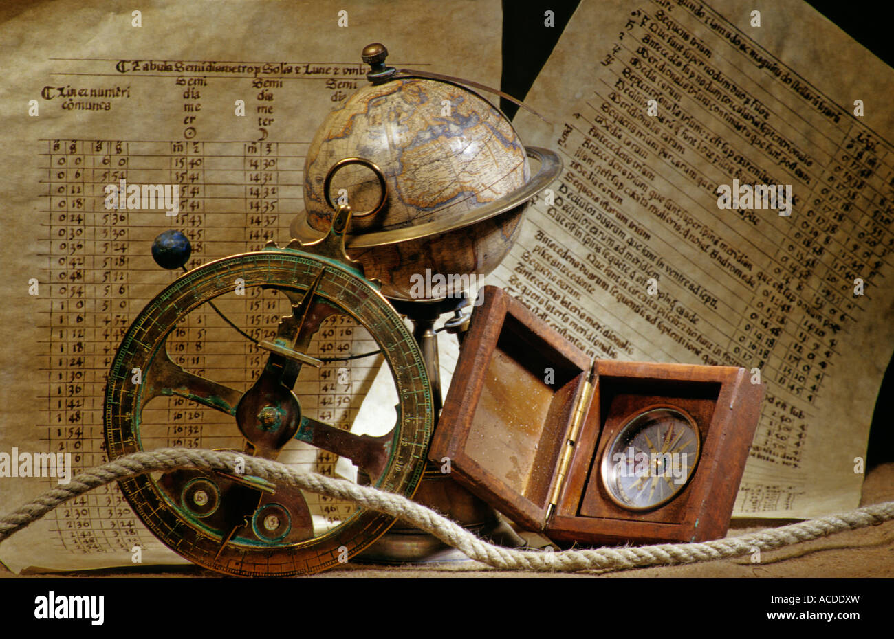 Historische Navigationsausrüstung einschließlich der antiken Welt, Charts und Kompass - Studio gedreht Stockfoto