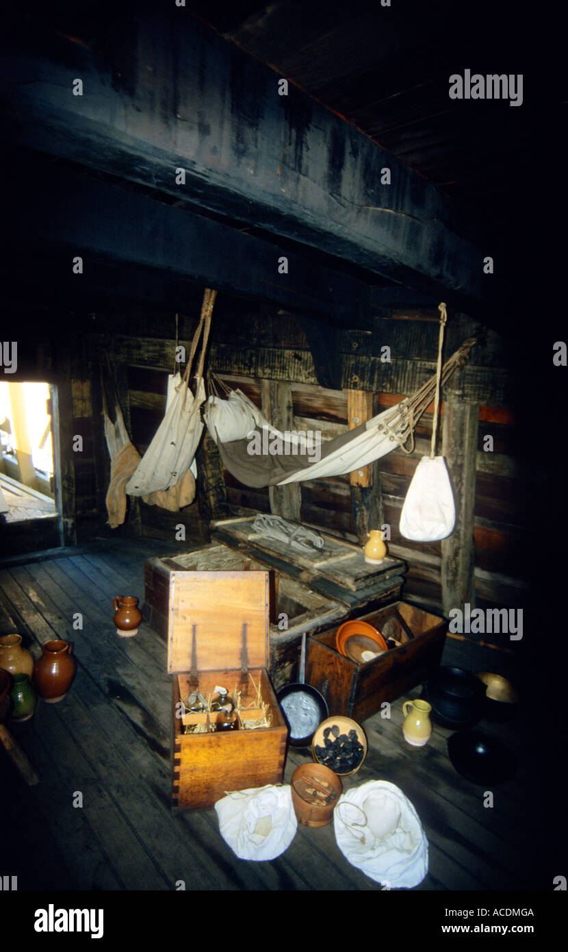 Innenraum des Replikats der Pilgerväter Schiff "Mayflower" segelten sie an der neuen World.America,Plymouth,USA Stockfoto