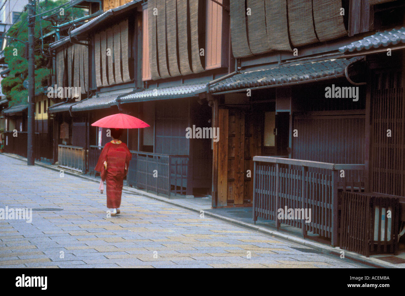 Geisha mit rotem Regenschirm, die entlang einer einsamen Straße an traditionellen Machiya (Stadthäusern) im alten Stadtteil Gion in Kyoto, Japan, vorbeigeht Stockfoto