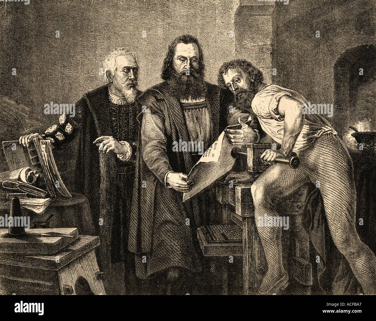 Johann Fust oder Faust c 1400 - 1466 Johannes Gutenberg, 1400-1468 und Peter Schoeffer oder Petrus Schoeffer. c. 1425-c 1503 Früher Deutscher Drucker Stockfoto