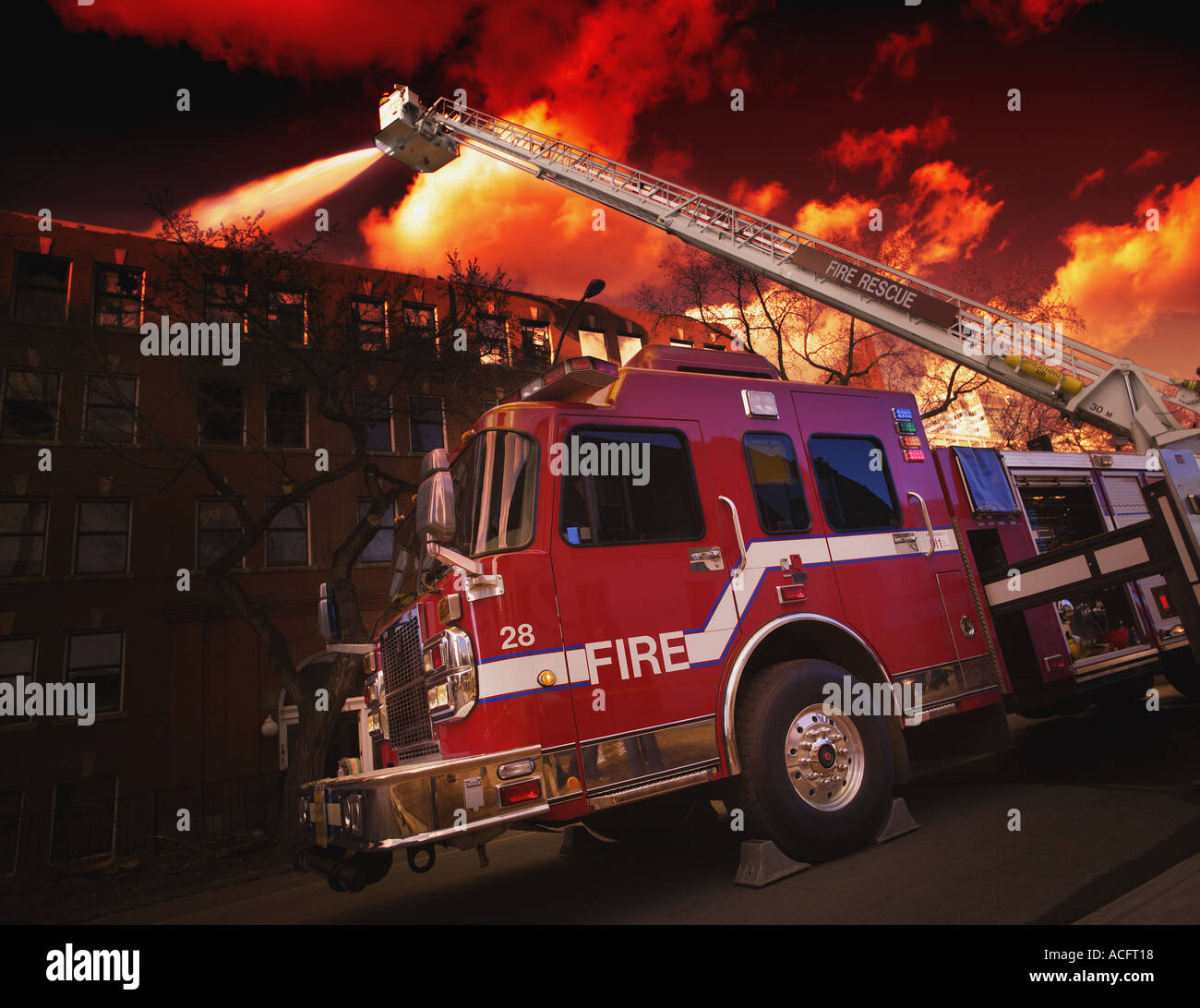 Feuer-Kämpfer und Feuerwehrauto Feuer Außerbetriebnahme Stockfoto