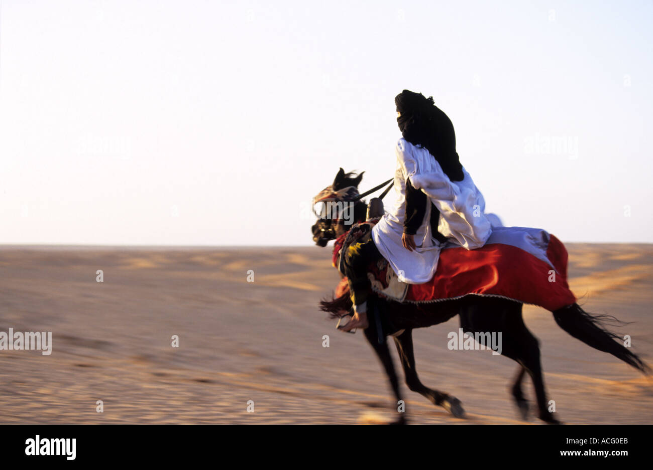 Ein Beduinen-junge auf einem Pferd in der Wüste von Tunesien im Sonnenuntergang Stockfoto