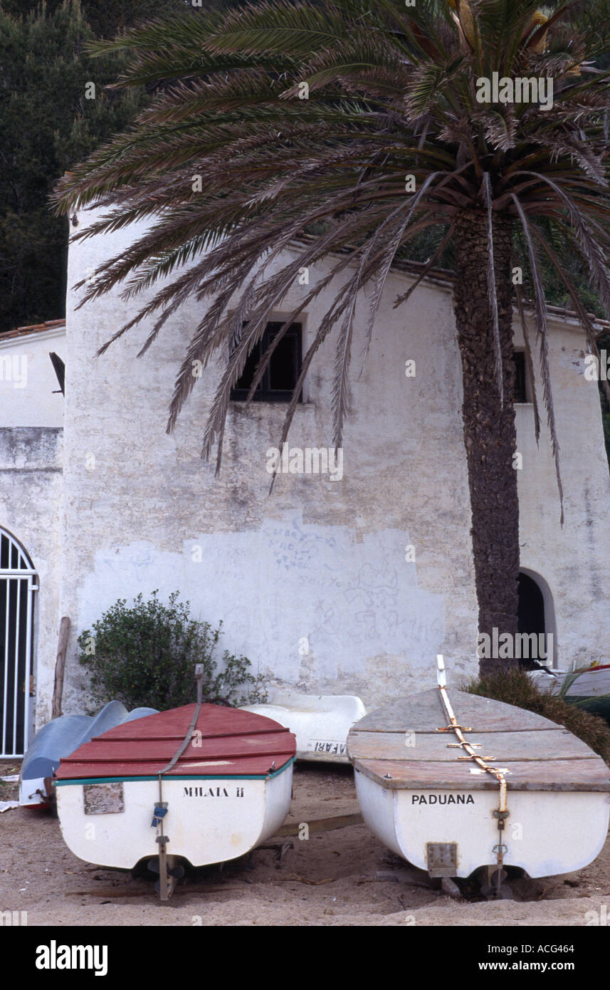 Angelboot/Fischerboot am Strand Palm Tree Spanisch Coasta Bravo weiße Tünche Gebäude Stockfoto