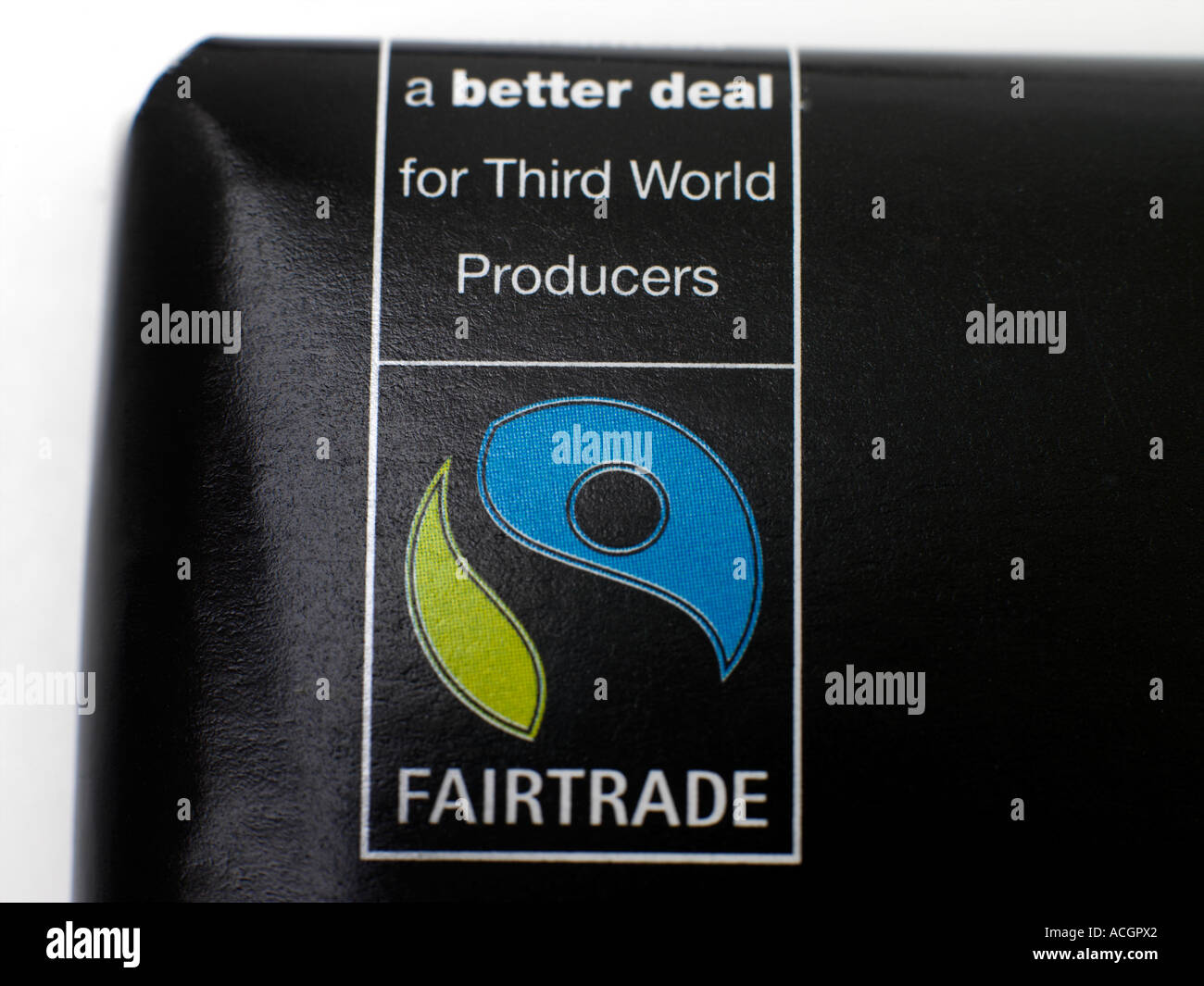Nahaufnahme von Fair-Trade-Symbol auf Schokolade-Bar Stockfoto