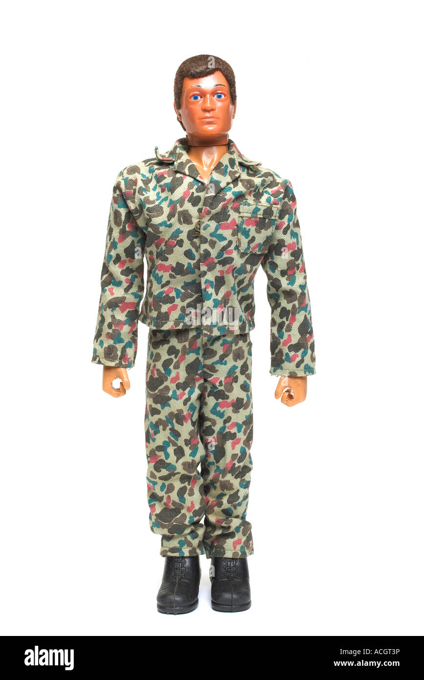 Aktion Mensch Actionman in uniform mit Adleraugen Armee erschossen auf einem weißen Hintergrund Stockfoto