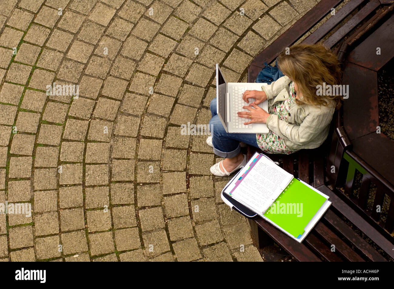 Student auf einer Bank sortiert aus dem Studium auf dem Computer, Stockfoto