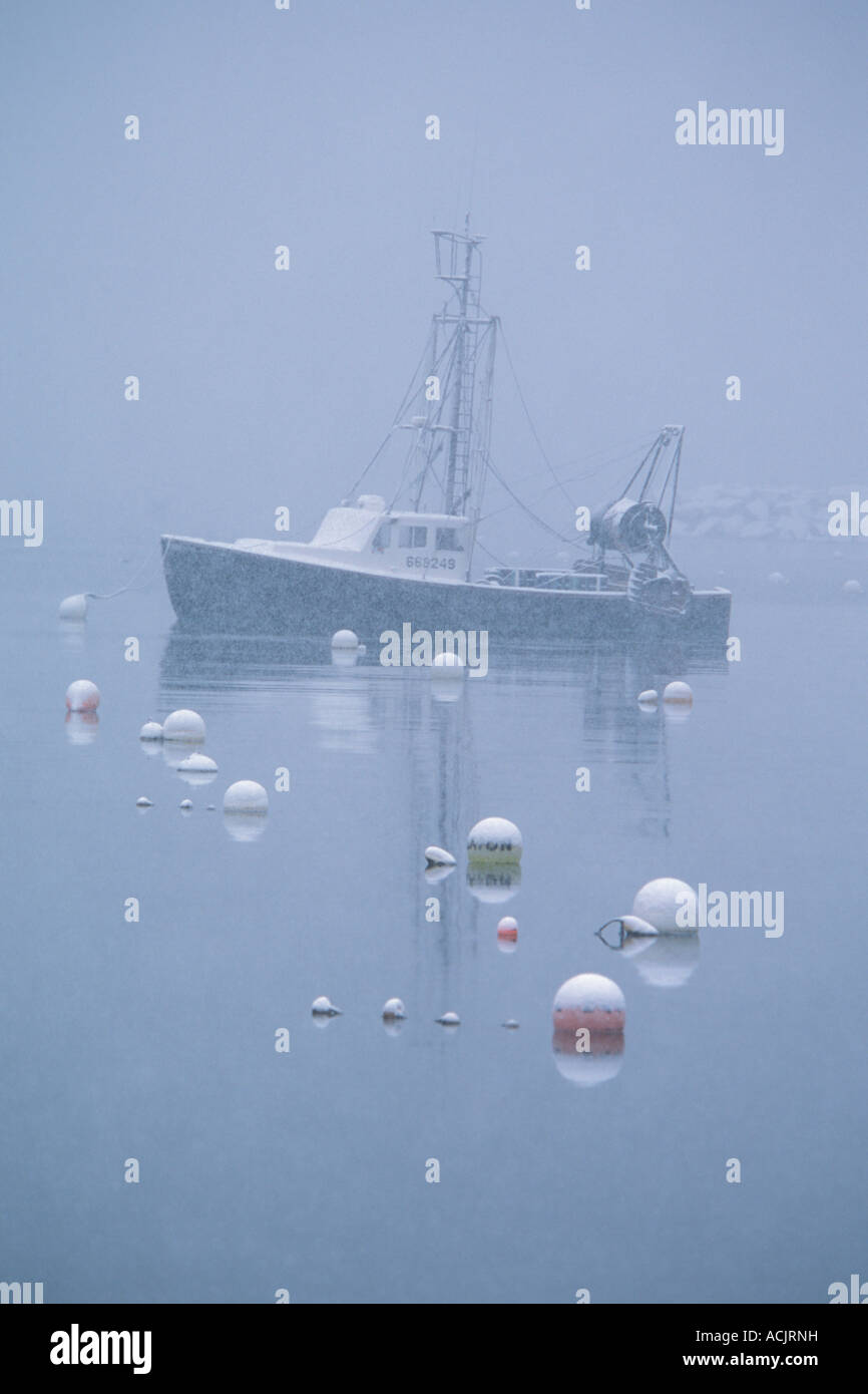 Angelboot/Fischerboot verankert im Hafen, während der Winter-Schnee-Sturm, New Hampshire Stockfoto