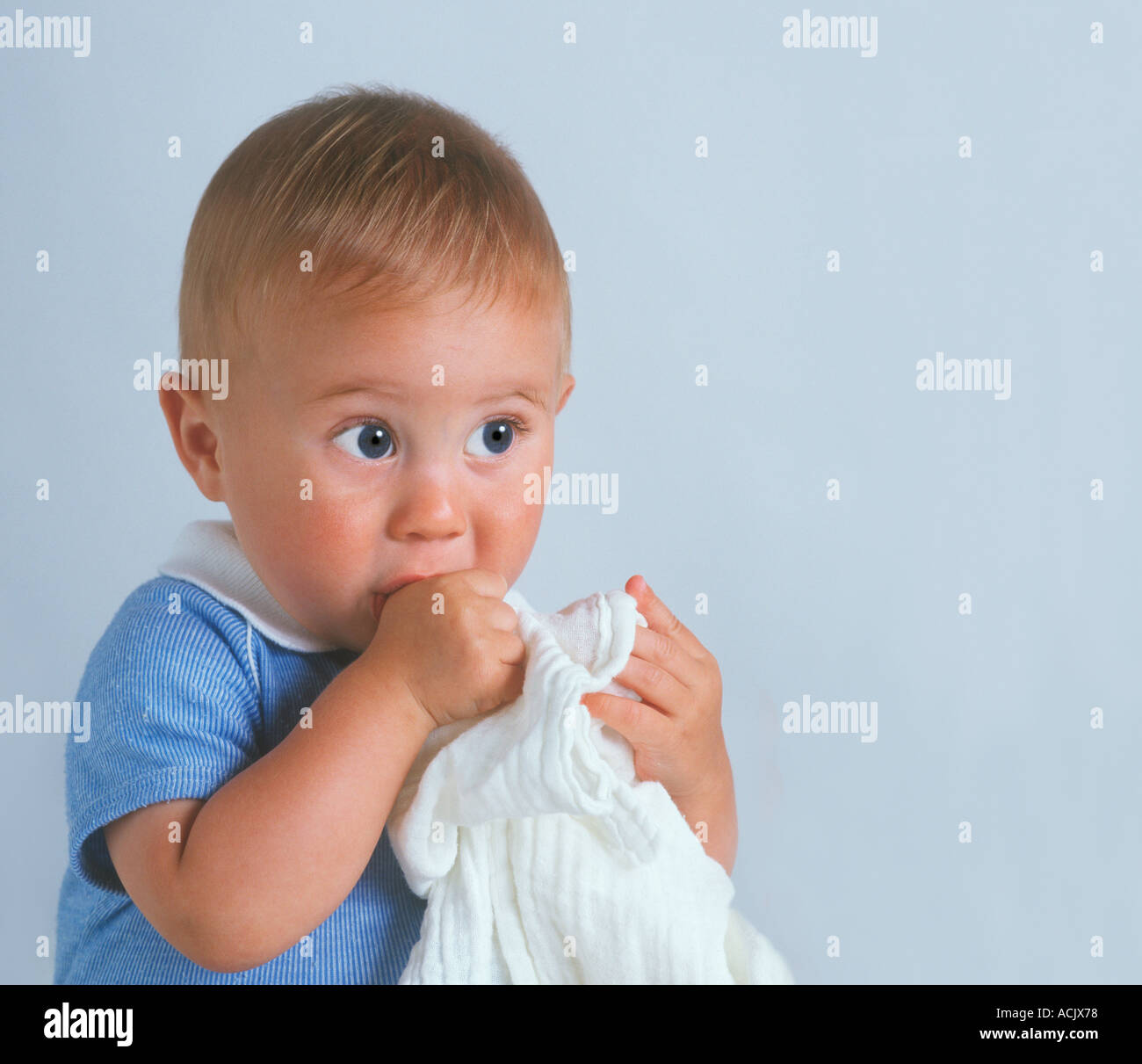 Menschlichen blauäugiger Baby jungen im Alter von ca. 8 Monaten in blauer Strampler Saugen Daumen halten weißen Musselin Tröster Stockfoto