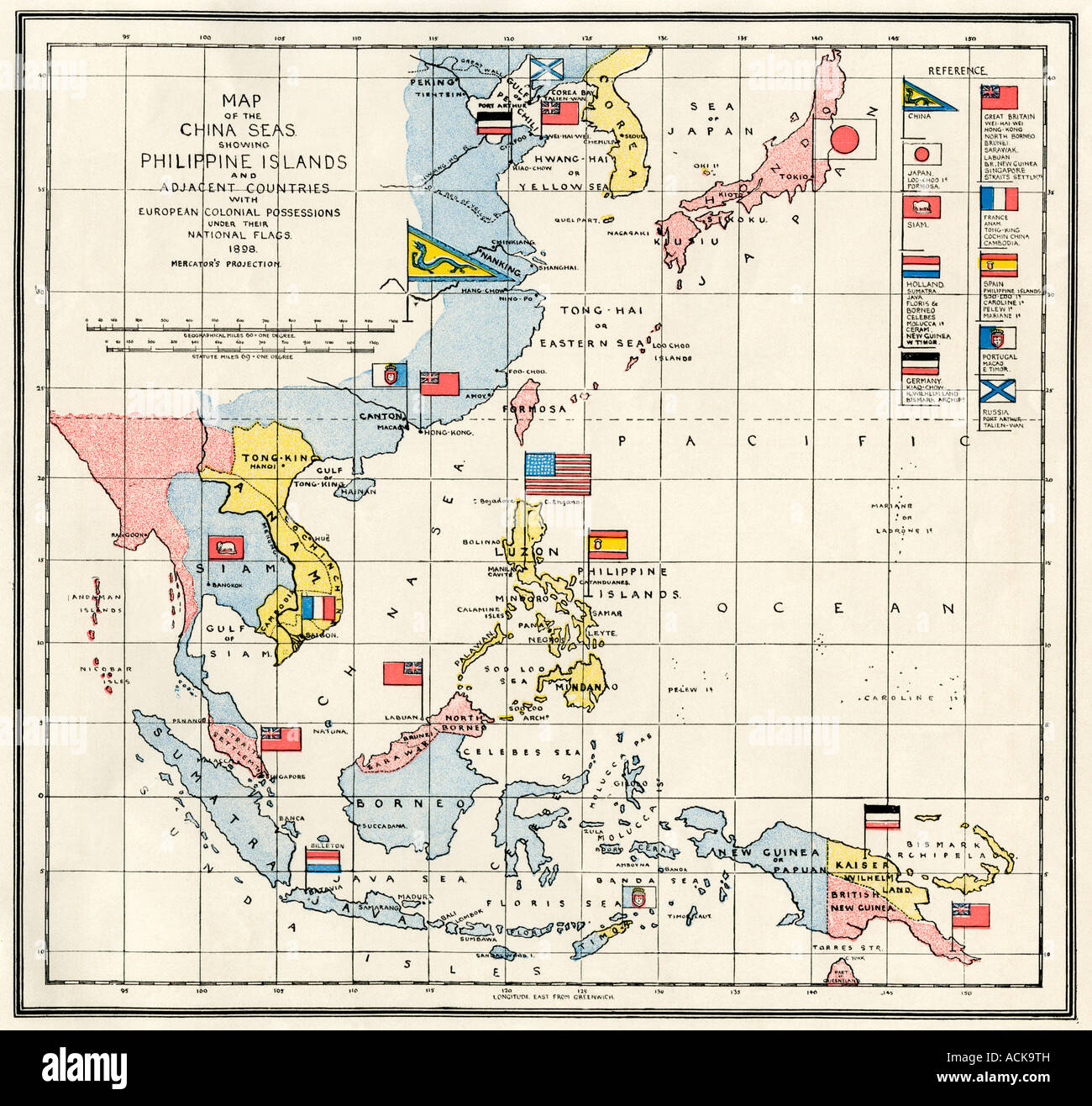 Karte von dem Chinesischen Meer, von den Philippinen und aus europäischen Kolonien in der Region Südostasien 1898. Farblithographie Stockfoto