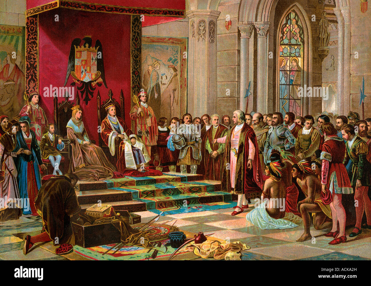 Columbus von König Ferdinand und Königin Isabella nach seiner Rückkehr nach Spanien aus der Neuen Welt begrüßt. Farblithographie Stockfoto