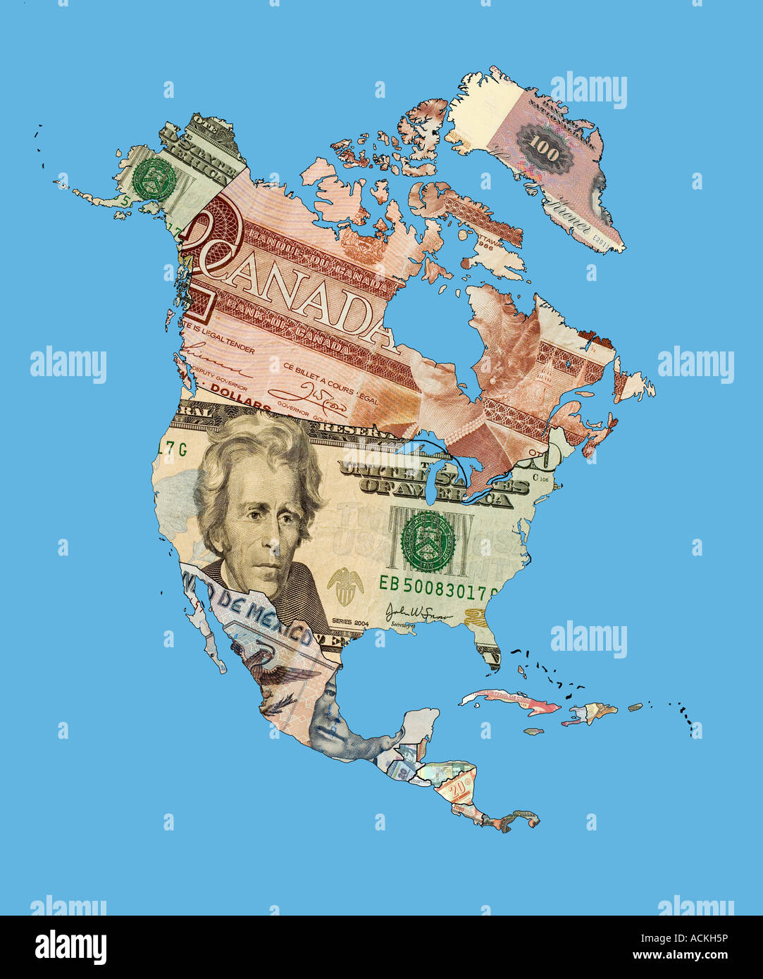 Karte von Nord- und mittelamerikanischen mit Landesgrenzen mit Geldschein für jede Währung ausgefüllt Stockfoto