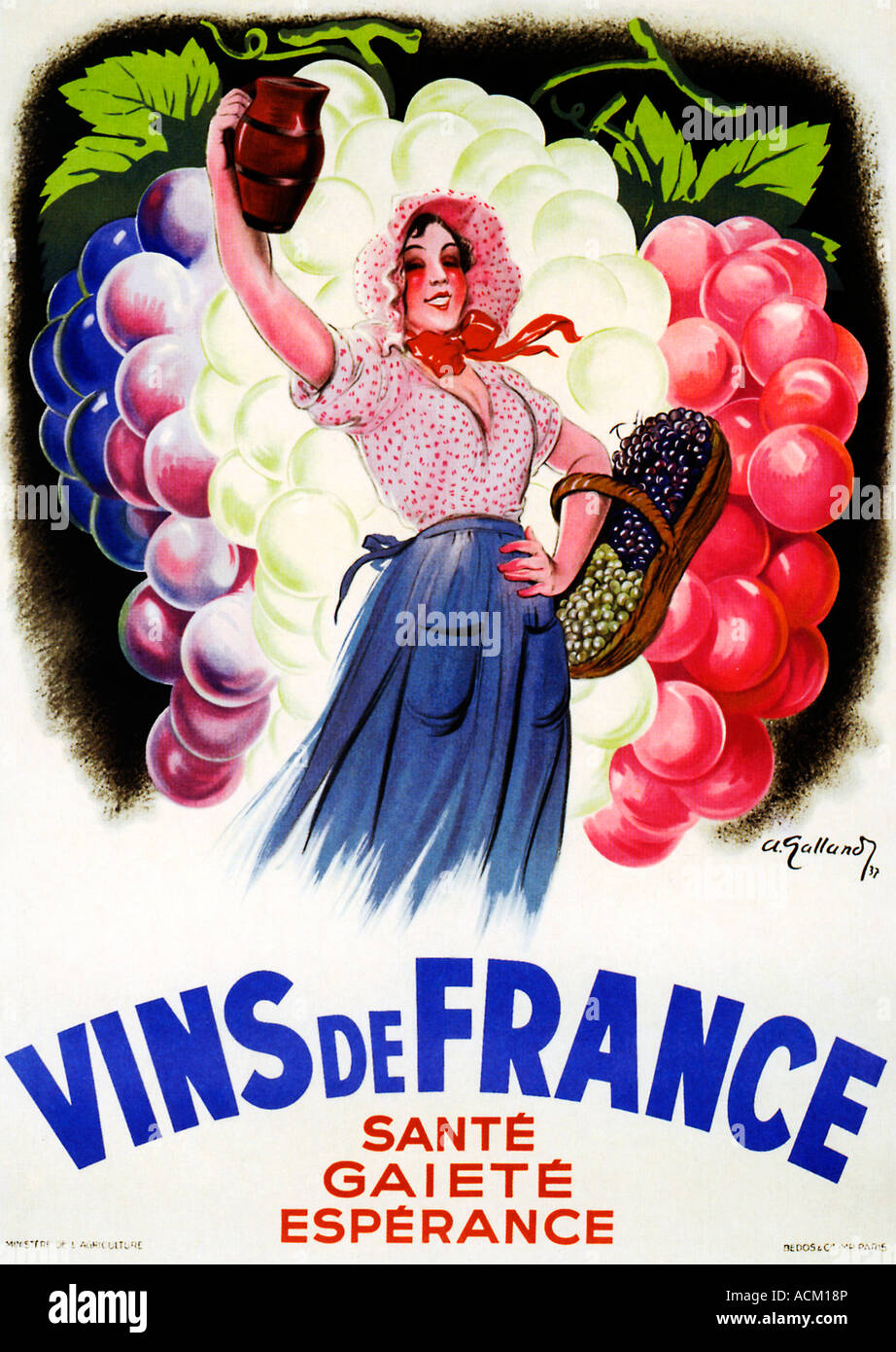 Vins De France 1937 Poster für die Freuden des französischen Wein trinkenden Gesundheit Lachen und Hoffnung zu bringen Stockfoto