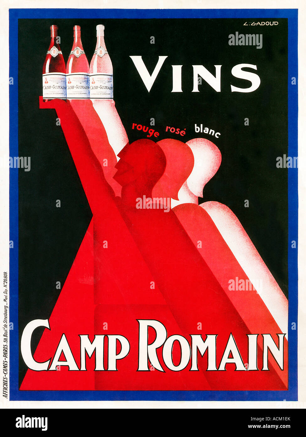 Vins Camp Romain 1929 französische Plakat mit einer Hommage von drei römischen Soldaten, die Besetzung von Burgund durch ihr Reich Stockfoto