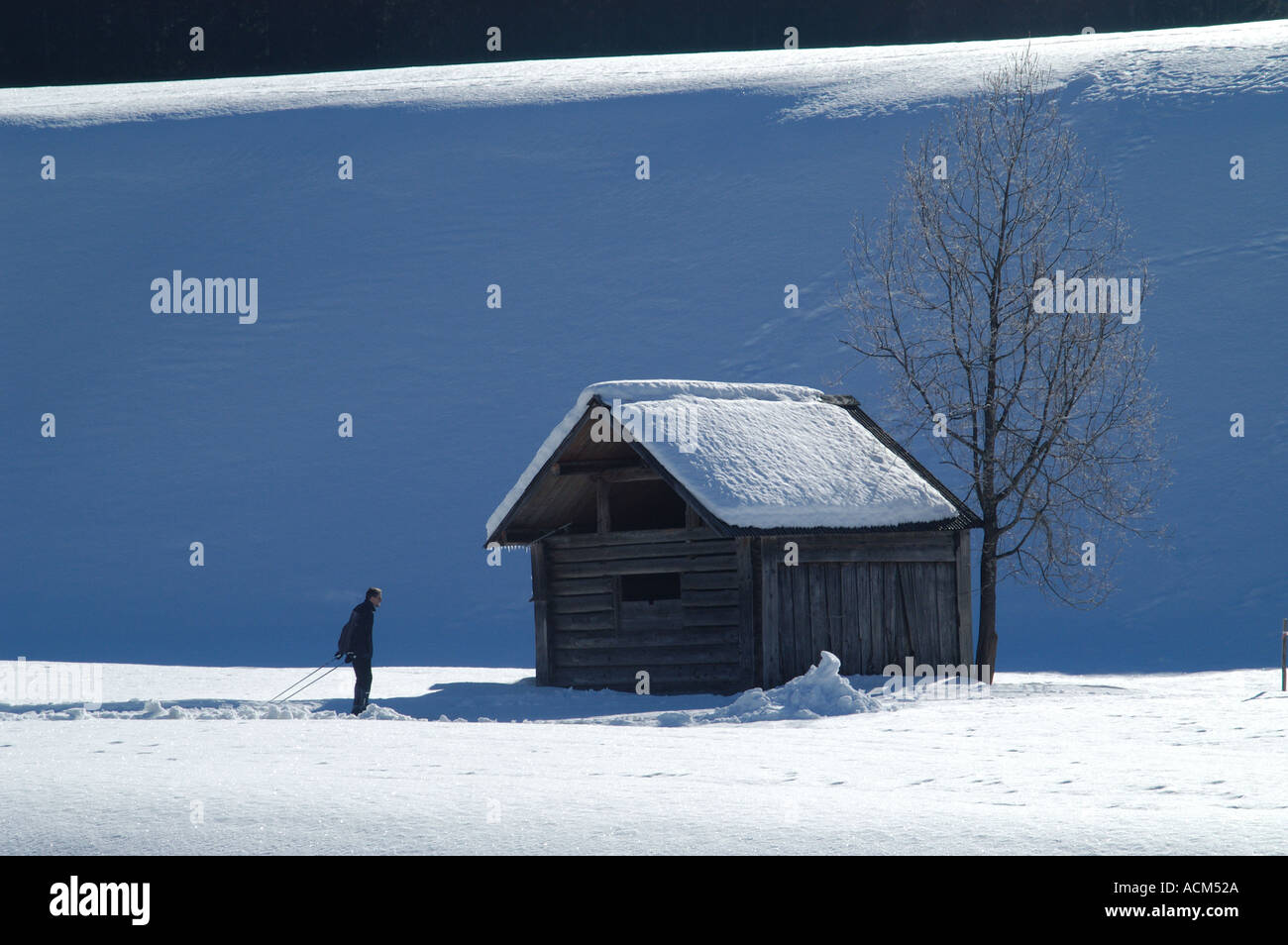 Ein cross country Ski-fahrer und ein Heu schlecht Schuppen mitterndorf Steiermark Österreich Stockfoto