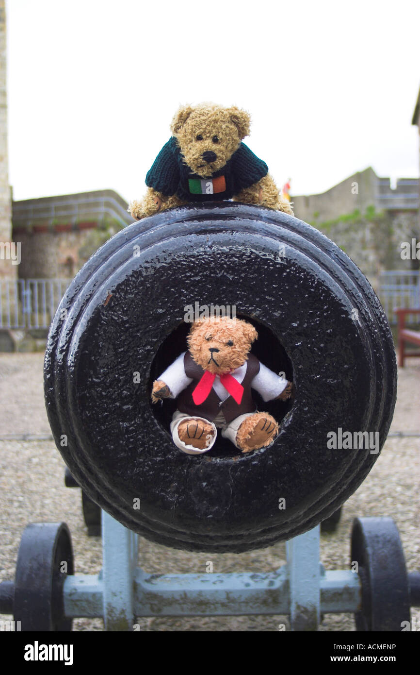 Beni und Blarni zwei Teddybären auf 19. Jahrhundert Kanone The Grand Batterie von Carrickfergus Castle Stockfoto