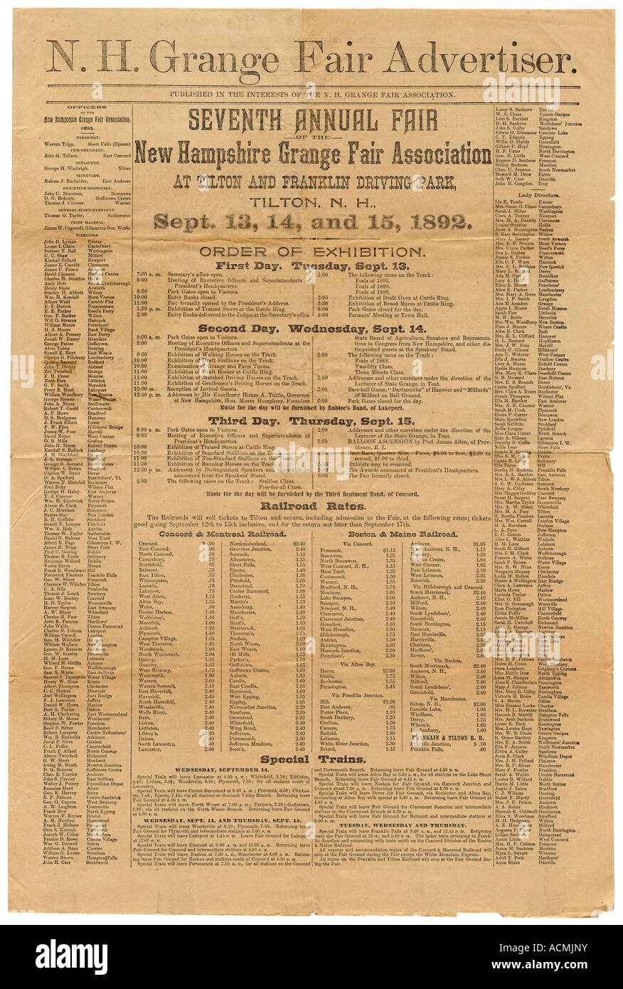 1892 New Hampshire Grange Fair Advertiser Zeitung. Stockfoto