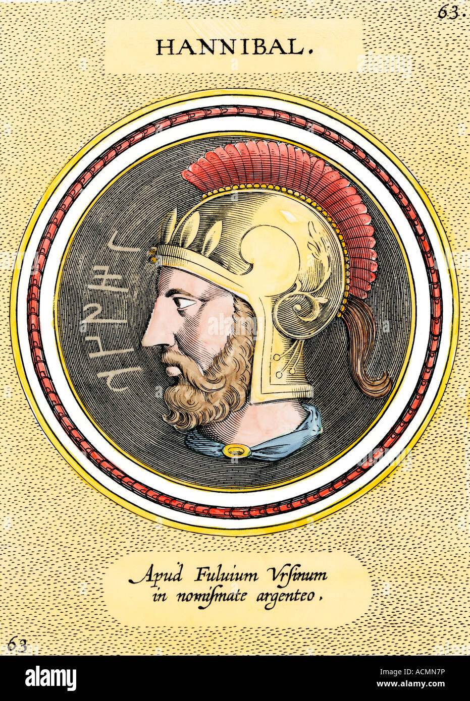 Der karthagische General Hannibal, die eindrangen, Italien und besiegte die antiken römischen Armee. Handcolorierte Radierung Stockfoto