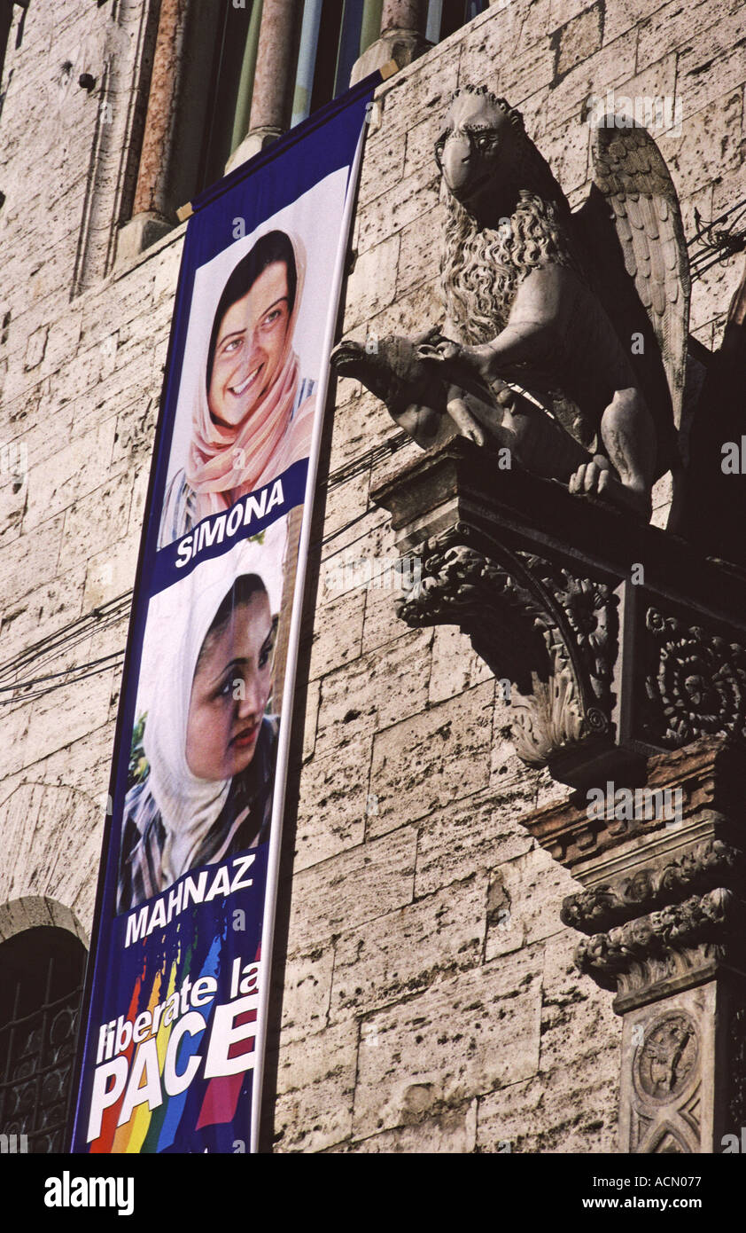 Frieden und Freiheit Plakat Palazzo dei Priori Perugia Umbrien Italien Stockfoto