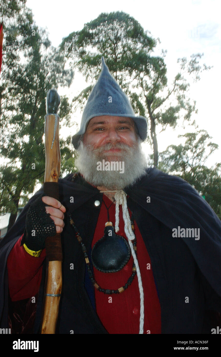 Großer Zauberer mit Personal, grauen Bart und Hut dsc1275 Stockfoto