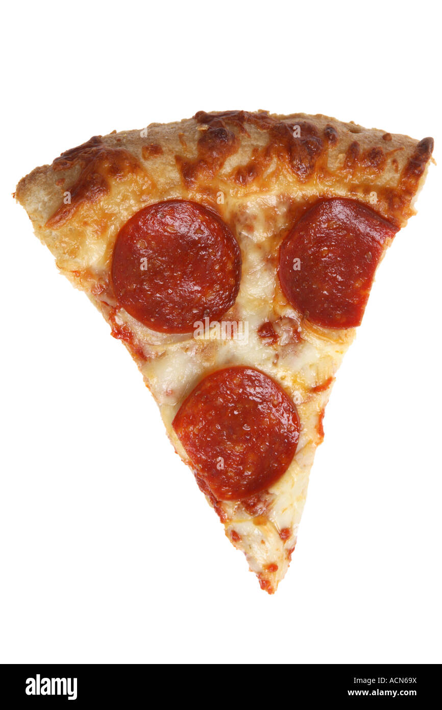 Stuck Salami Pizza Ausgeschnitten Auf Weissem Hintergrund Stockfotografie Alamy