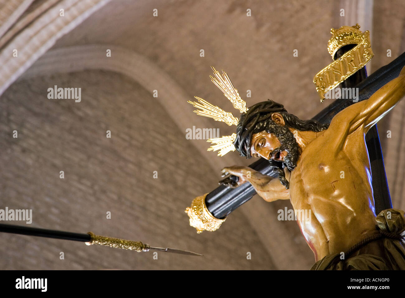 Toten Christus wird aufgespießt von Longinos, Karwoche Float, Sevilla, Spanien Stockfoto