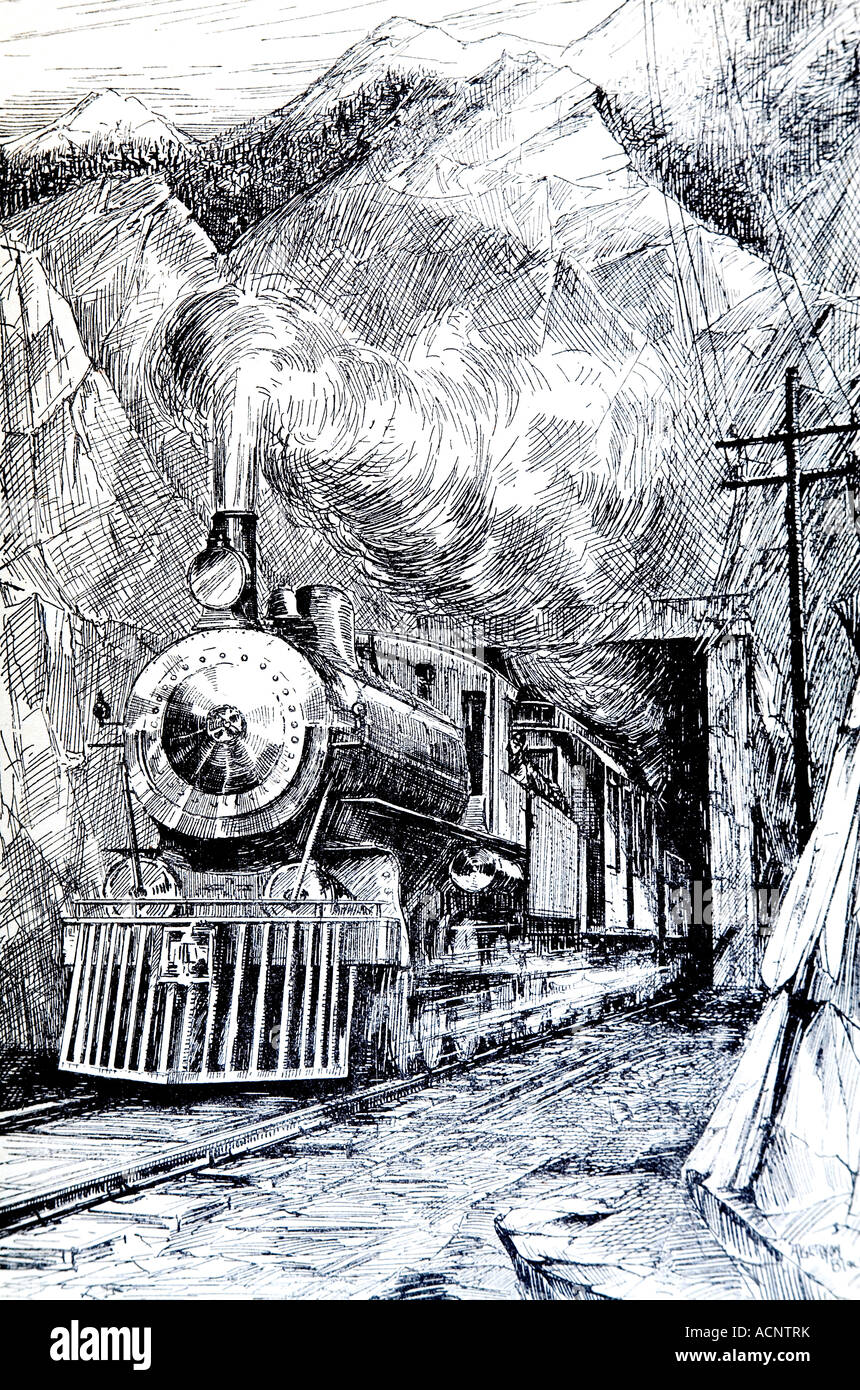 1920er Jahre Linie Illustration der Dampfzug aus tunnel Stockfoto