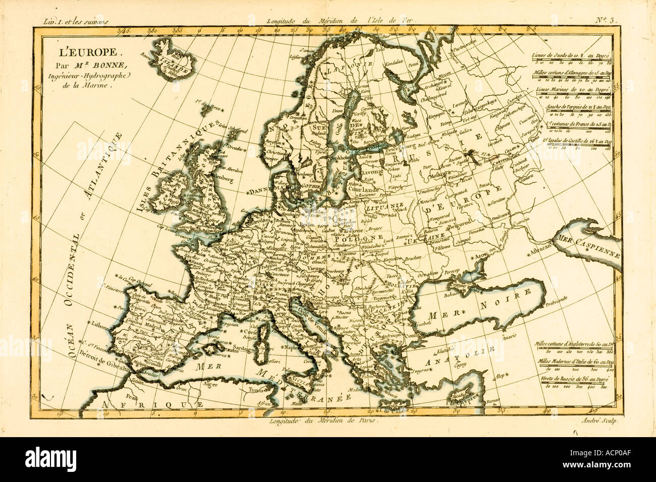 Karte von Europa ca. 1760. Von Atlas de toutes les Parties Connues du Globe Terrestre von Kartographen Rigobert Bonne Stockfoto