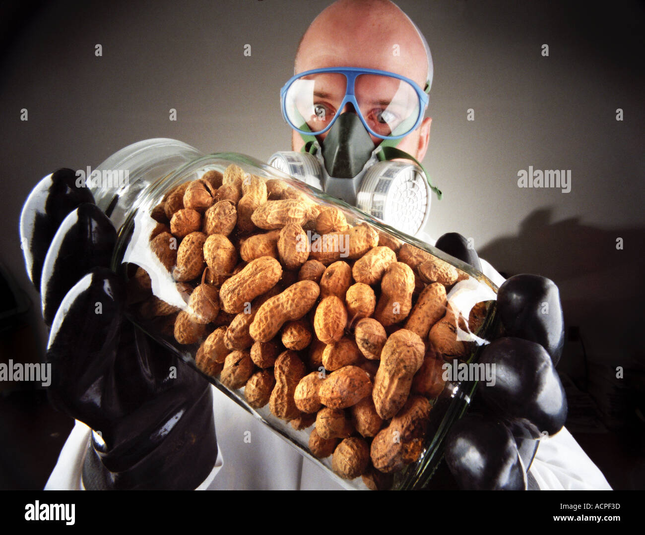 Lebensmittel Allergien Erdnussallergie Mann hält Glas von Erdnüssen mit schützenden Gas Maske und Handschuhe in einer Laborumgebung Bio hazard Stockfoto