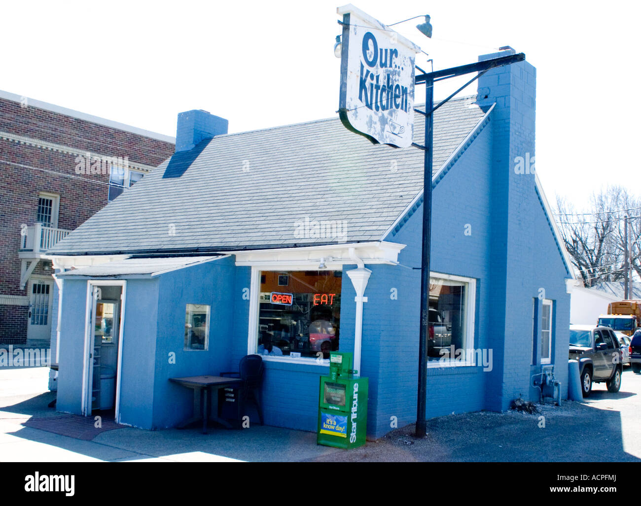 Unser klassisches Frühstück am Straßenrand Wohnküche killer Rösti und Pfannkuchen serviert.  Minneapolis Minnesota USA Stockfoto