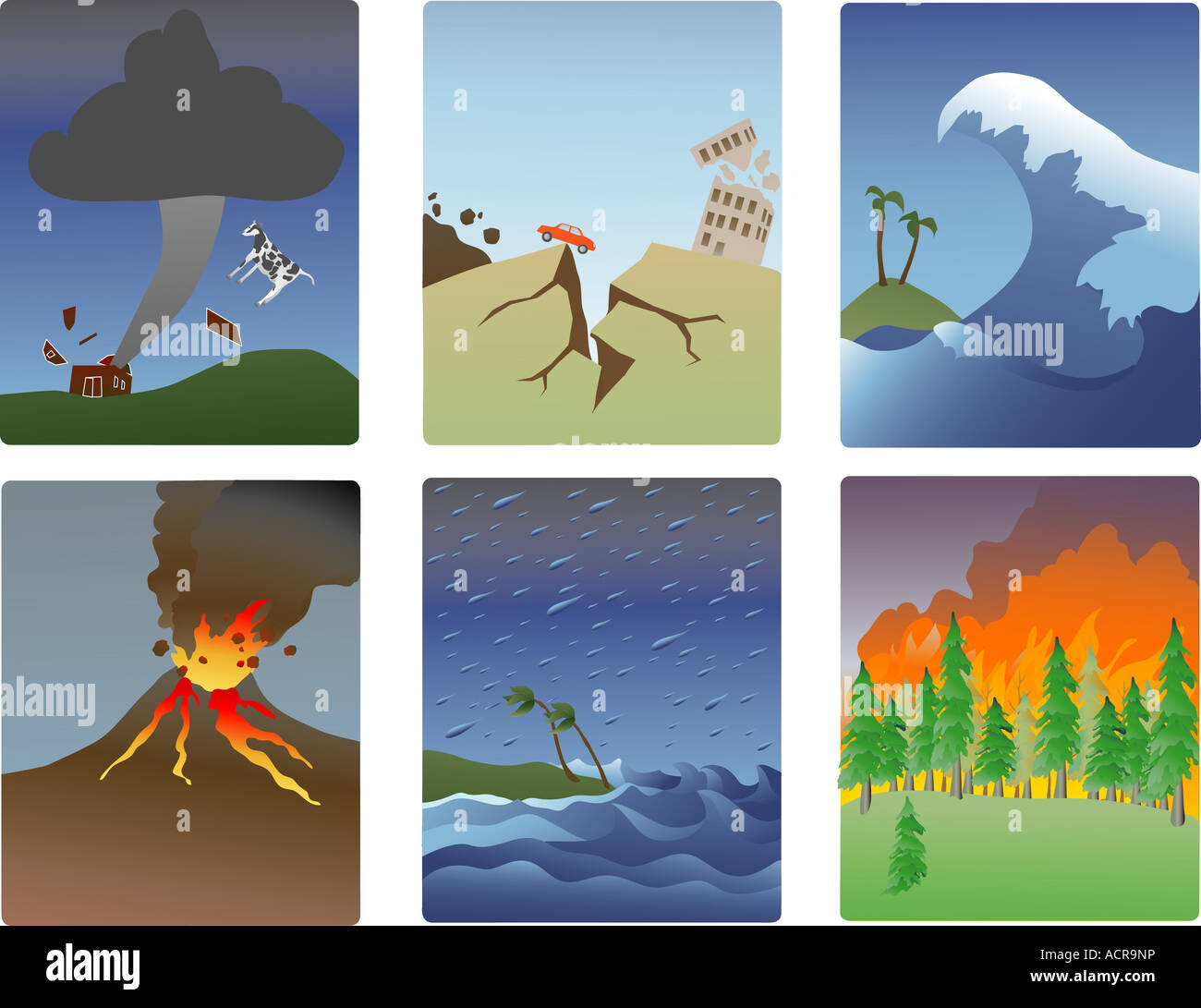 Miniatur-Vektor-Illustrationen der verschiedenen Naturkatastrophen Tornado Erdbeben Tsunami Vulkan Hurrikan Wald Feuer Stockfoto