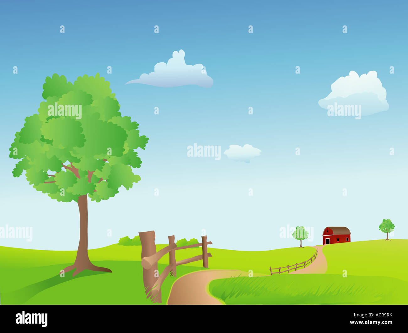 Sommerwiese mit einem Trail-Scheune und Zaun-Vektor basierte Abbildung Stockfoto