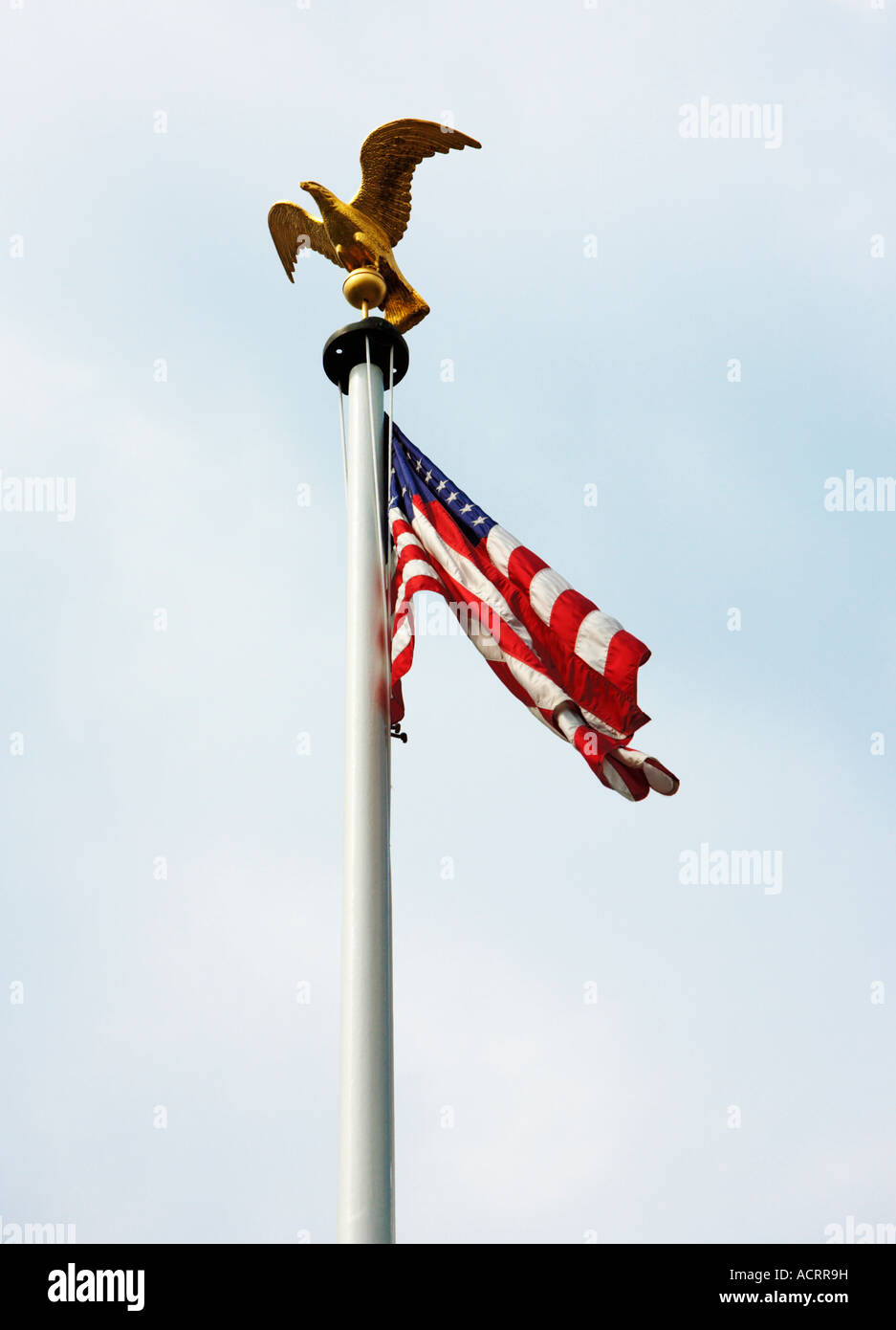 US-Flagge und Steinadler Skulptur auf einem Fahnenmast Stockfoto