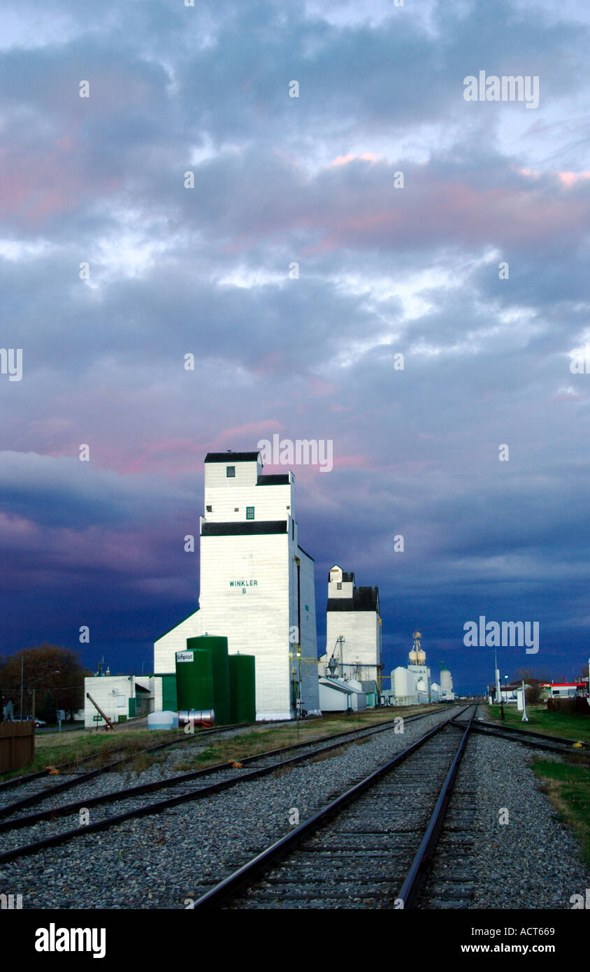 Getreidesilos mit clearing Gewitterwolken am Winkler Manitoba Kanada Stockfoto