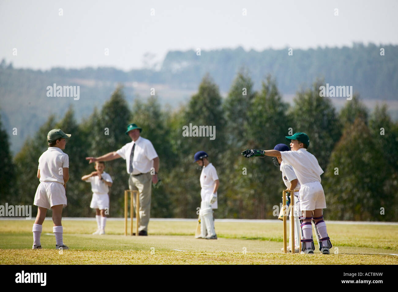 Grundschulkinder spielen ein Cricket Spiel in das Lowveld Nelspruit Mpumalanga in Südafrika Stockfoto
