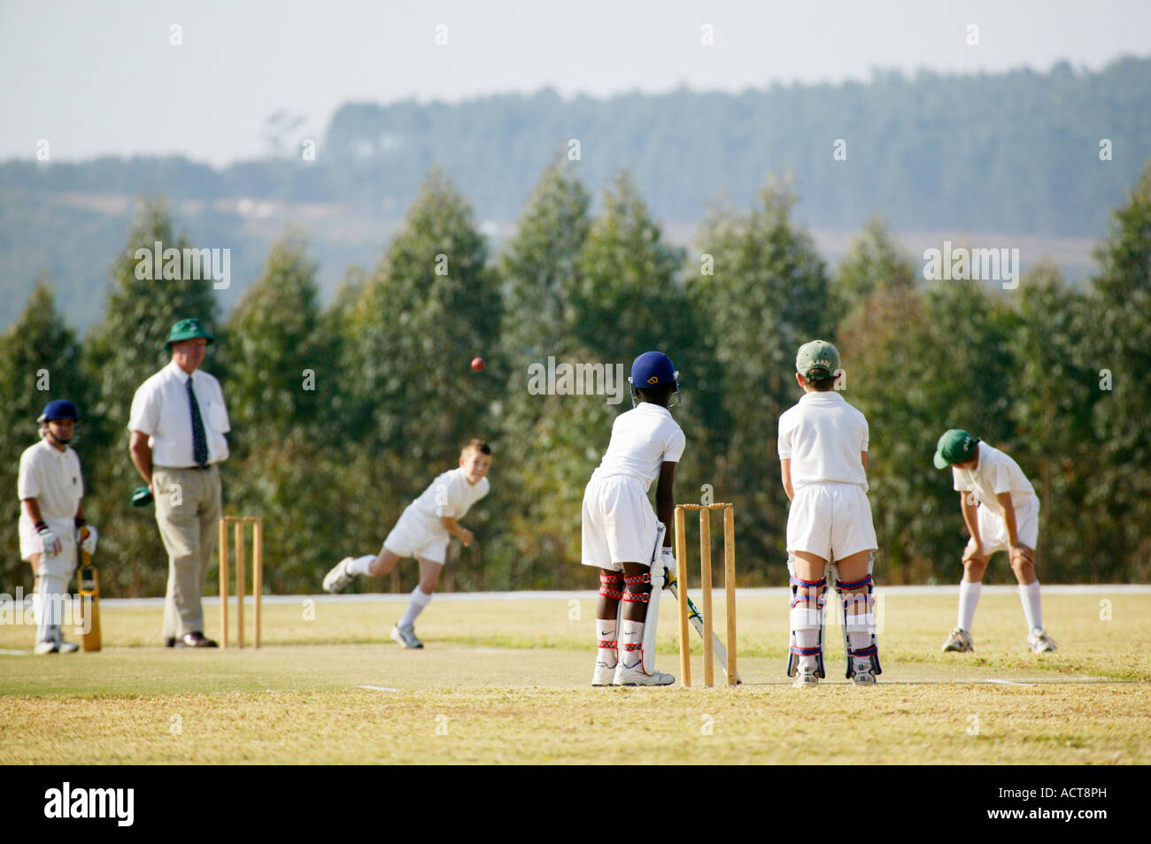 Grundschulkinder spielen ein Cricket Spiel in das Lowveld Nelspruit Mpumalanga in Südafrika Stockfoto