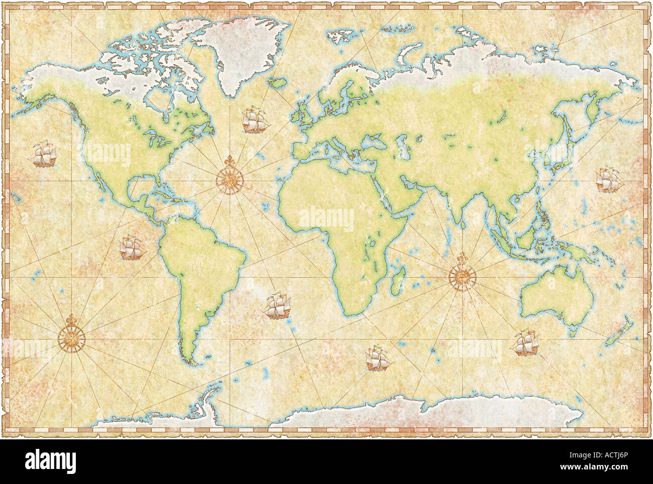 Weltkarte auf Pergament Stockfoto