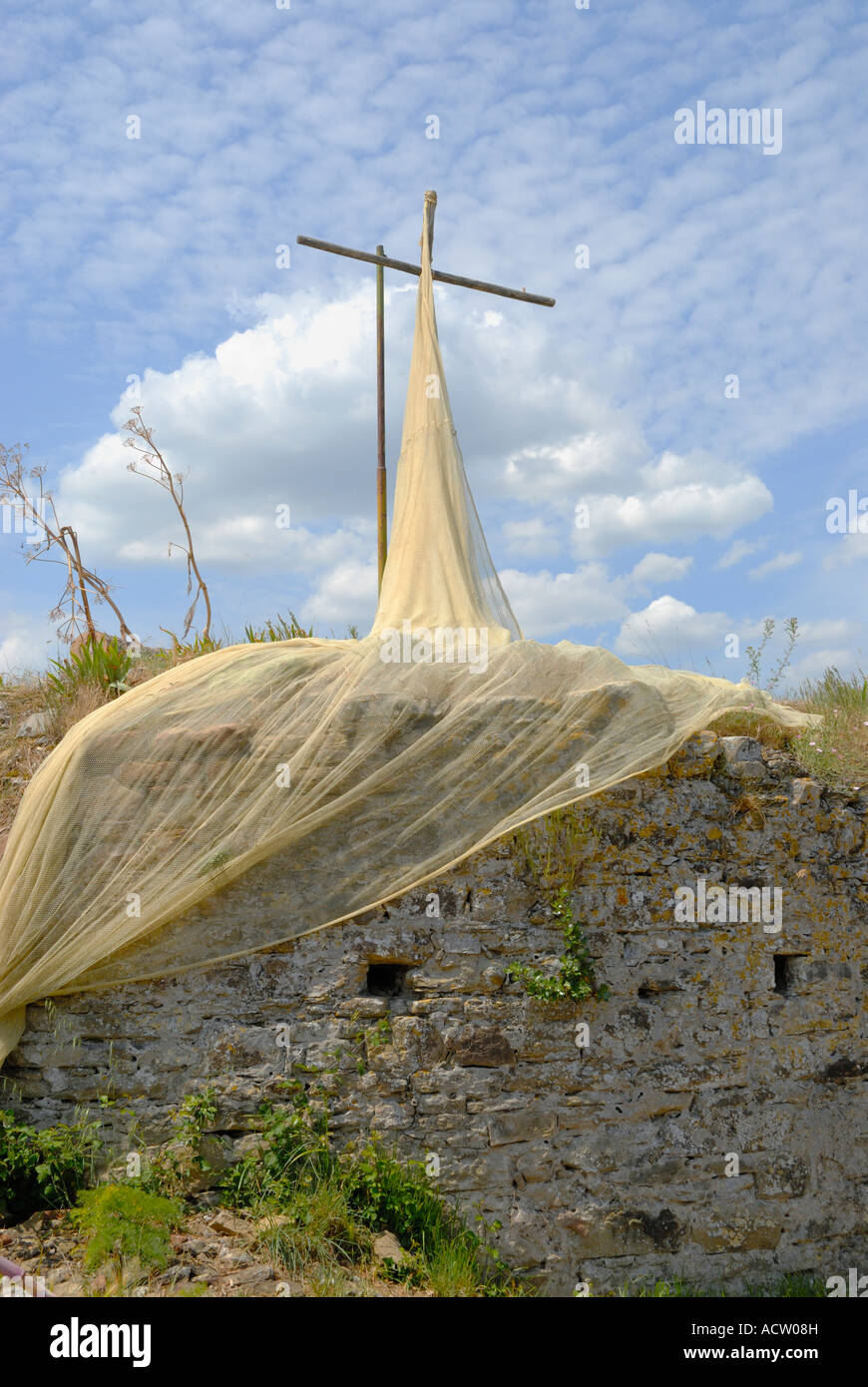 Fischernetz am Kreuz Form an der Spitze der Isola Maggiore am Lago Trasimeno, in Umbrien, Italien Trocknen aufgehängt. Stockfoto