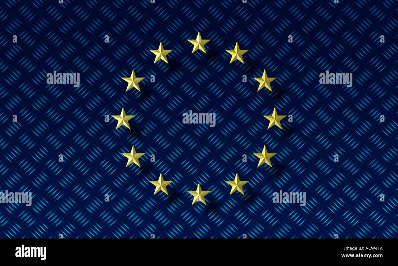 Vorderansicht der zwölf Sterne Ring in Gold mit Dark Blue 5 Bar Muster eine Anspielung auf die EU-Flagge Stockfoto