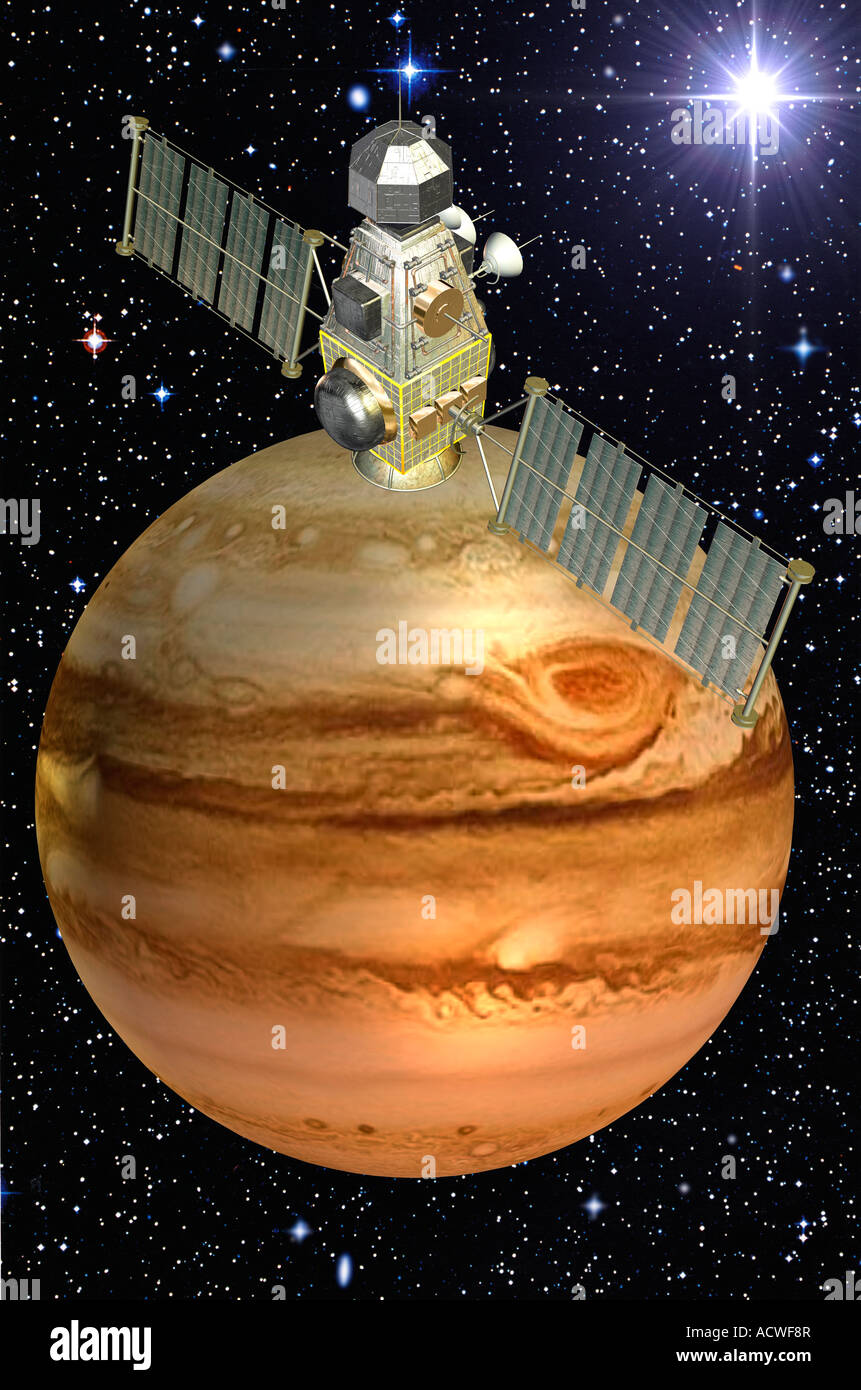 computergenerierte Raumfahrzeug gezeigt nähert sich Digital Planet Jupiter Stockfoto