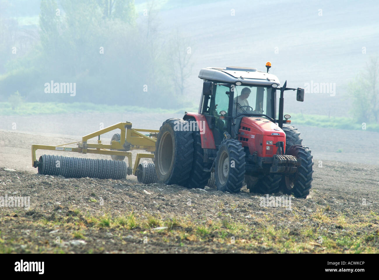 Traktor und schweren Walze auf Ackerland nach der Aussaat Mais; Frühsommer, Indre-et-Loire, Frankreich Stockfoto