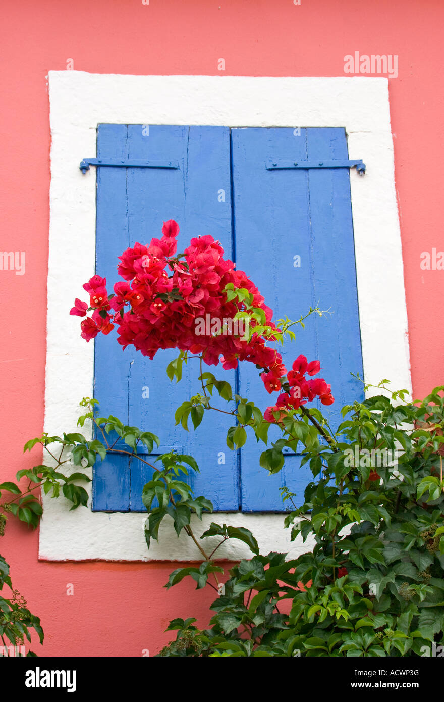 Blauen Fensterläden in Fiskardo, Kefalinia, Ionische Inseln Griechenland. Stockfoto